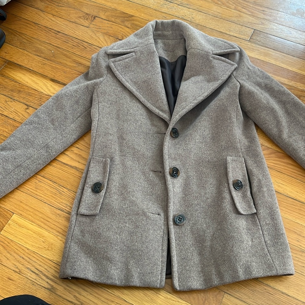 CALVIN KLEIN Wool Blend Pea Coat Double Breasted Spread Collar Beige Oat